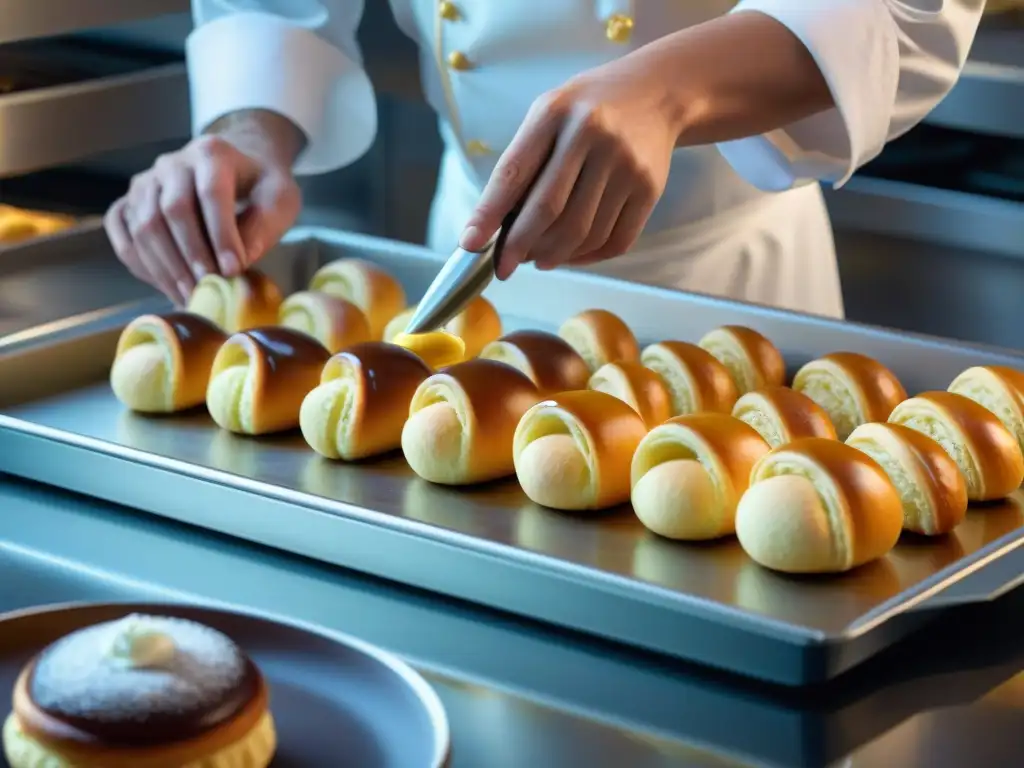 Un chef pastelero experto elaborando eclairs, destacando la precisión y arte en la receta Pâte à choux eclairs