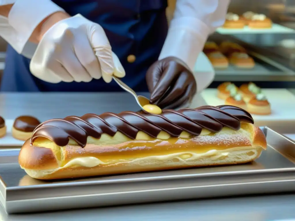 Un chef pastelero experto crea éclairs en una pastelería francesa