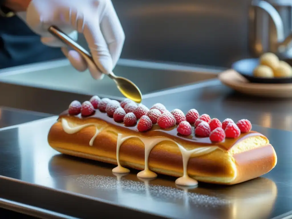 Un chef pastelero experto decora un ecler innovador con crema de frambuesa, en una cocina brillante