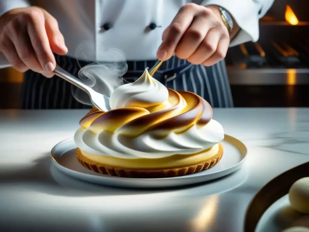 Un chef pastelero experto aplicando elegantes remolinos de merengue a un postre Baked Alaska dorado, en una escena de pastelería francesa detallada