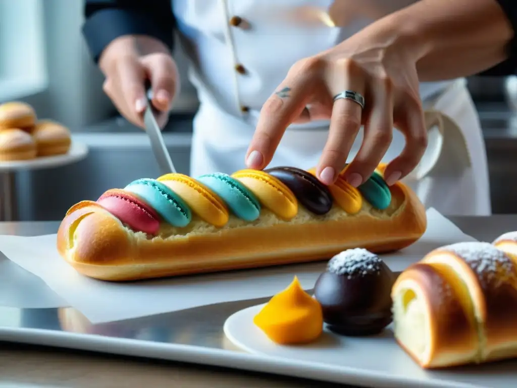 Un chef pastelero francés experto adornando un exquisito éclair con precisión