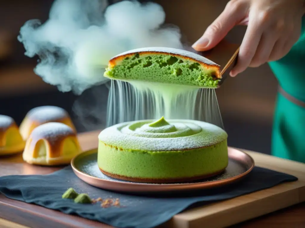 Un chef pastelero experto fusiona matcha en una masa ligera en una panadería francesa, destacando la fusión 'Matcha en la pastelería francesa'