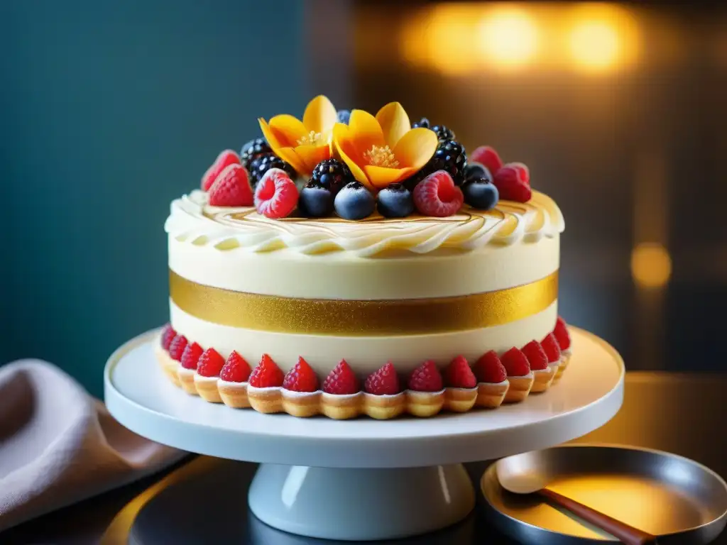 Un chef pastelero experto crea una obra de arte para el Gran Premio de la pastelería francesa con detalles elegantes y precisos