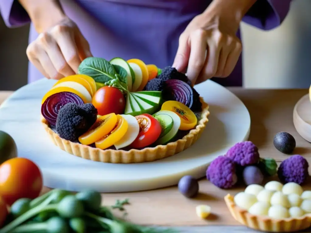 Un chef pastelero experto crea una obra de arte con frutas y verduras en la campiña francesa