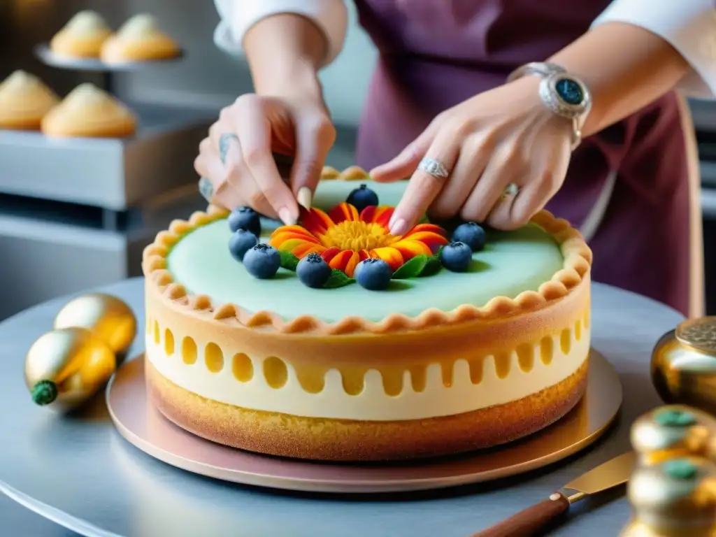 Un chef pastelero experto en permacultura en pastelería francesa decora con precisión floral un pastel dorado recién horneado