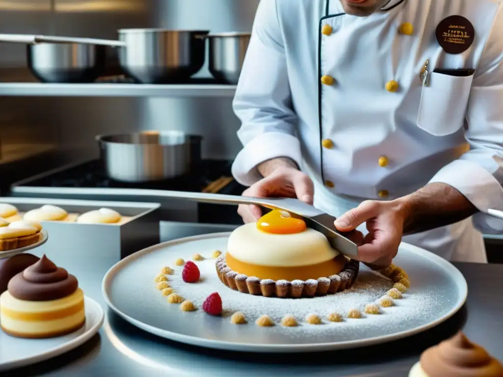 Un chef pastelero experto decora un postre icónico francés innovador con precisión en una cocina de patisserie francesa bulliciosa