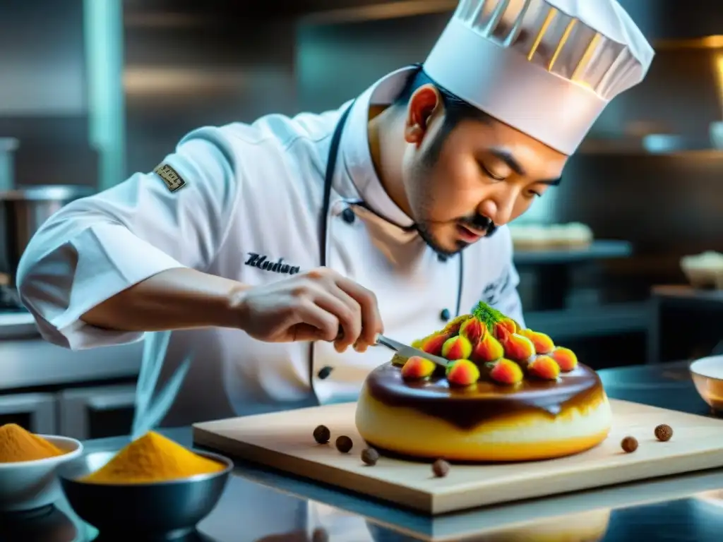 Un chef pastelero experto fusiona postres asiáticos y franceses innovadores con destreza en una cocina bulliciosa