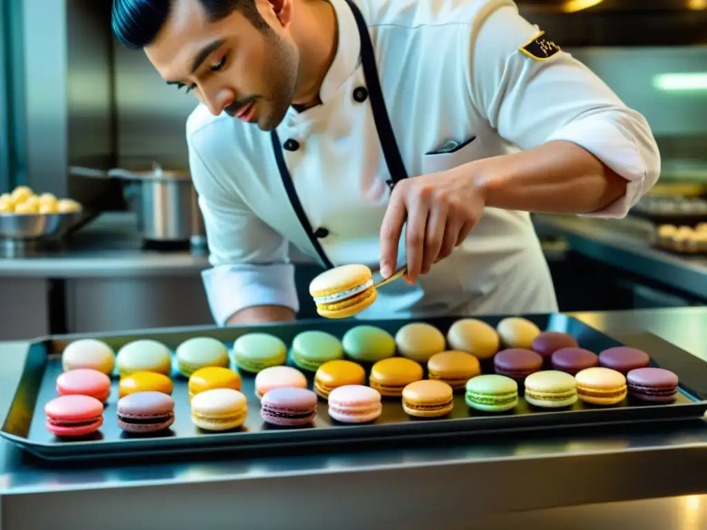 Un chef pastelero experto elabora con precisión macarons, mostrando la artesanía de la pastelería francesa