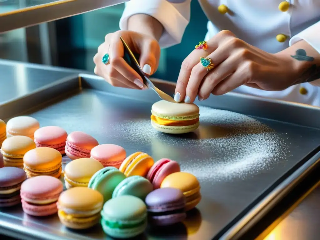 Un chef pastelero francés experto en repostería tradicional francesa crea macarons con precisión y arte