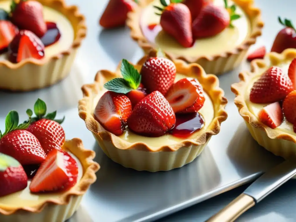 Un chef pastelero francés experto en tartas de frutas, colocando fresas en una tarta de crema