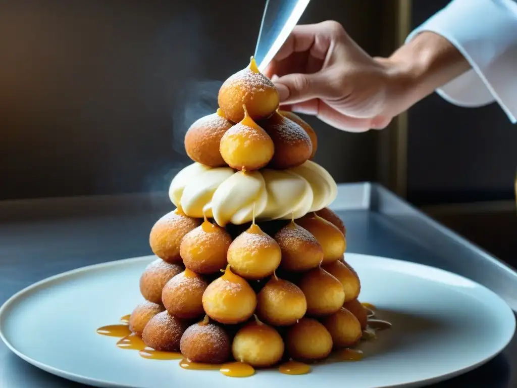 Un chef pastelero experto aplicando técnicas avanzadas de confitería francesa en un croquembouche multicolor