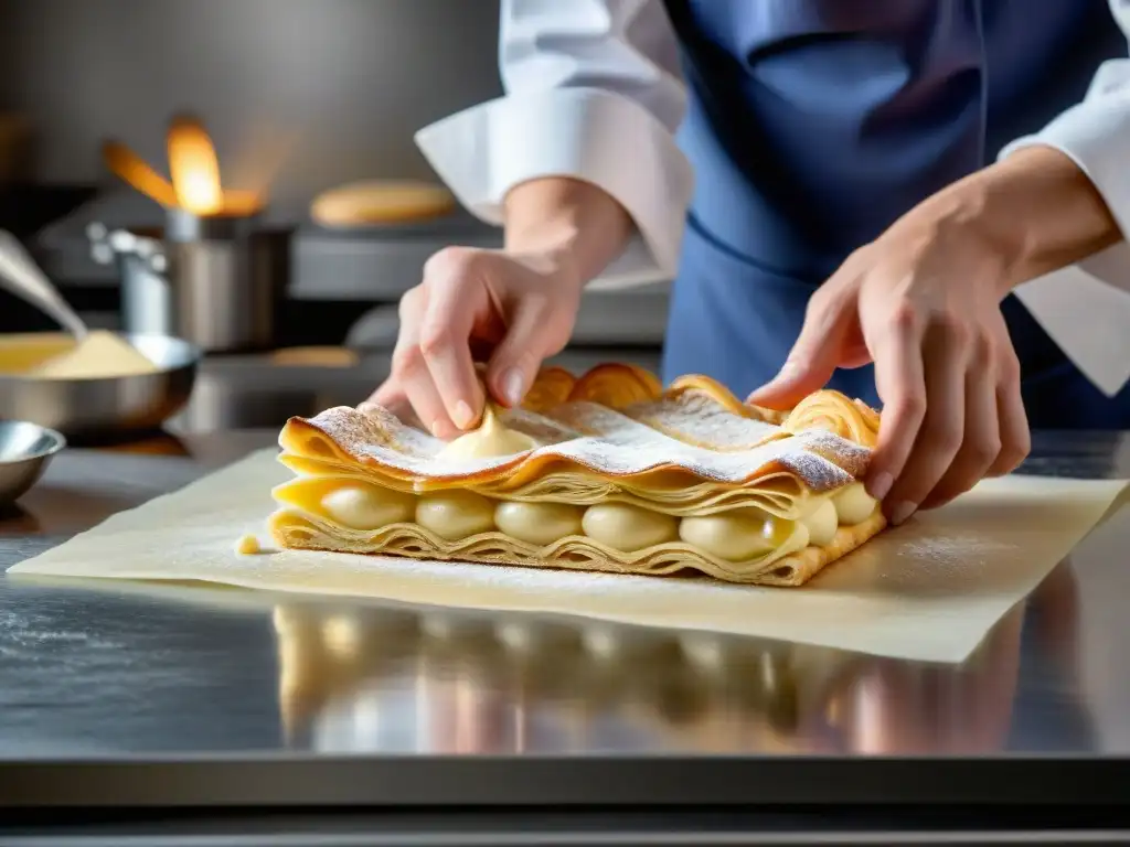 Un chef pastelero francés experto en técnicas básicas de cocina francesa capas de masa para un milhojas clásico