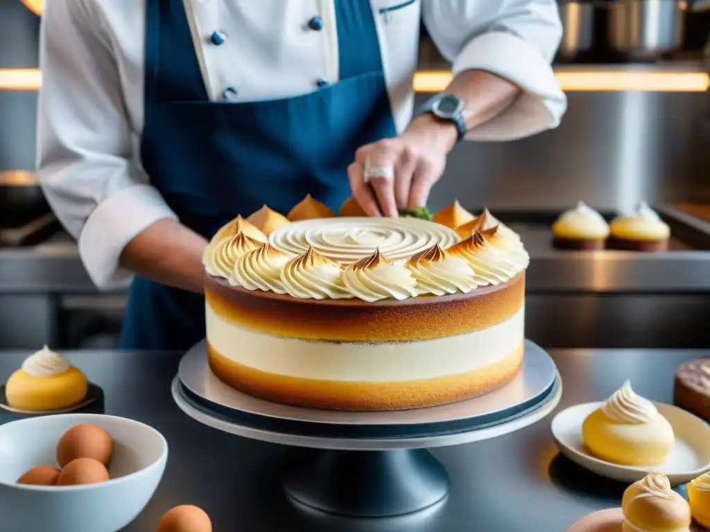 Un chef pastelero francés experto en técnicas avanzadas decoración tartas francesas, crea diseños delicados en una tarta multitiered