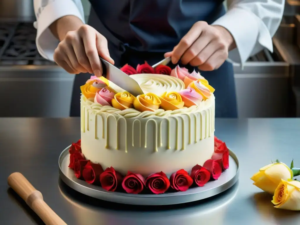 Un chef pastelero experto usando técnicas avanzadas de decoración en una tarta francesa multitier