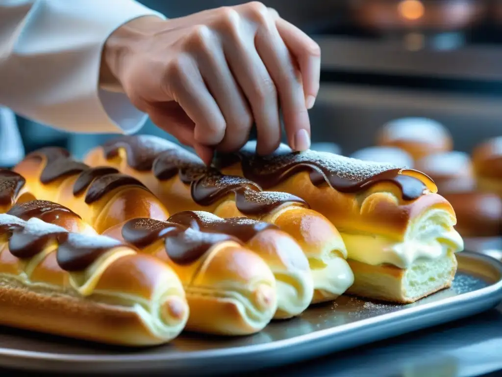 Chef pastelero decorando un exquisito éclair en una cocina parisina, Curso online pastelería francesa completa