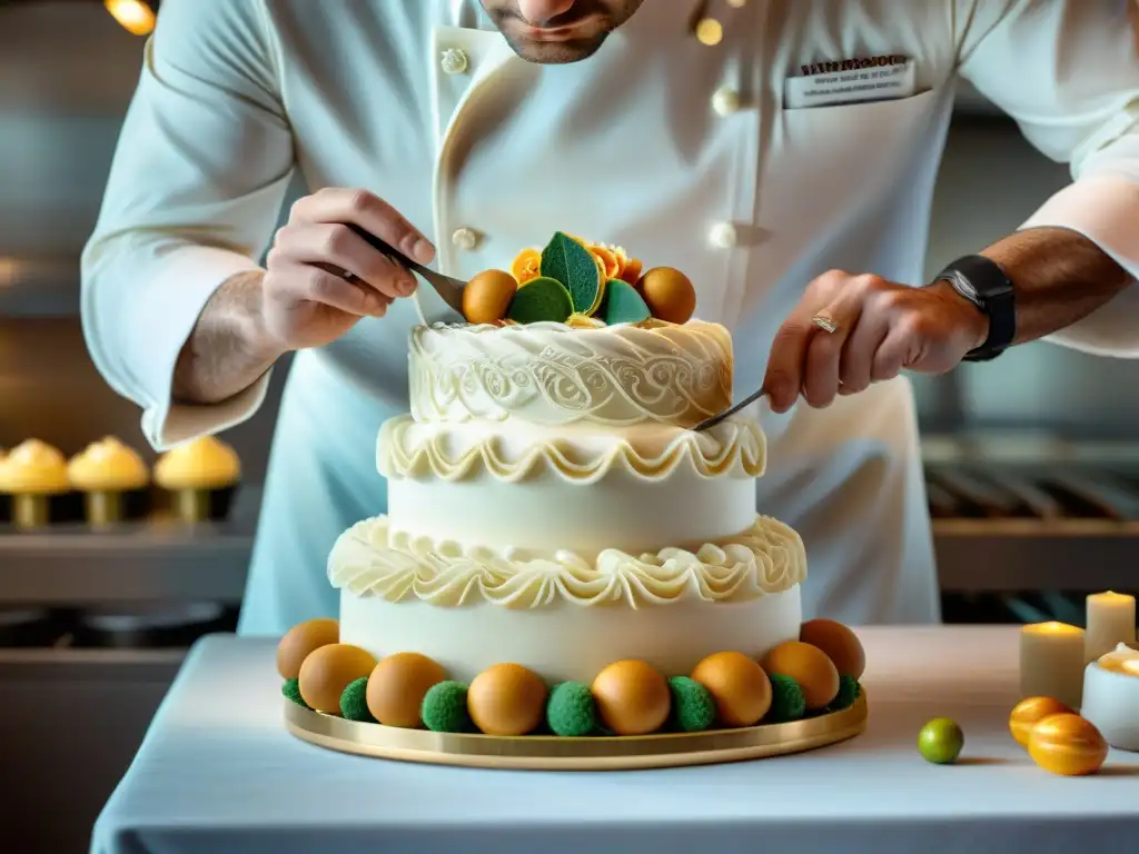 Chef pastelero francés decorando un exquisito pastel de bodas con detallada precisión