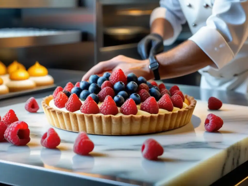 Un chef pastelero francés colocando frambuesas en una tarta de frutas