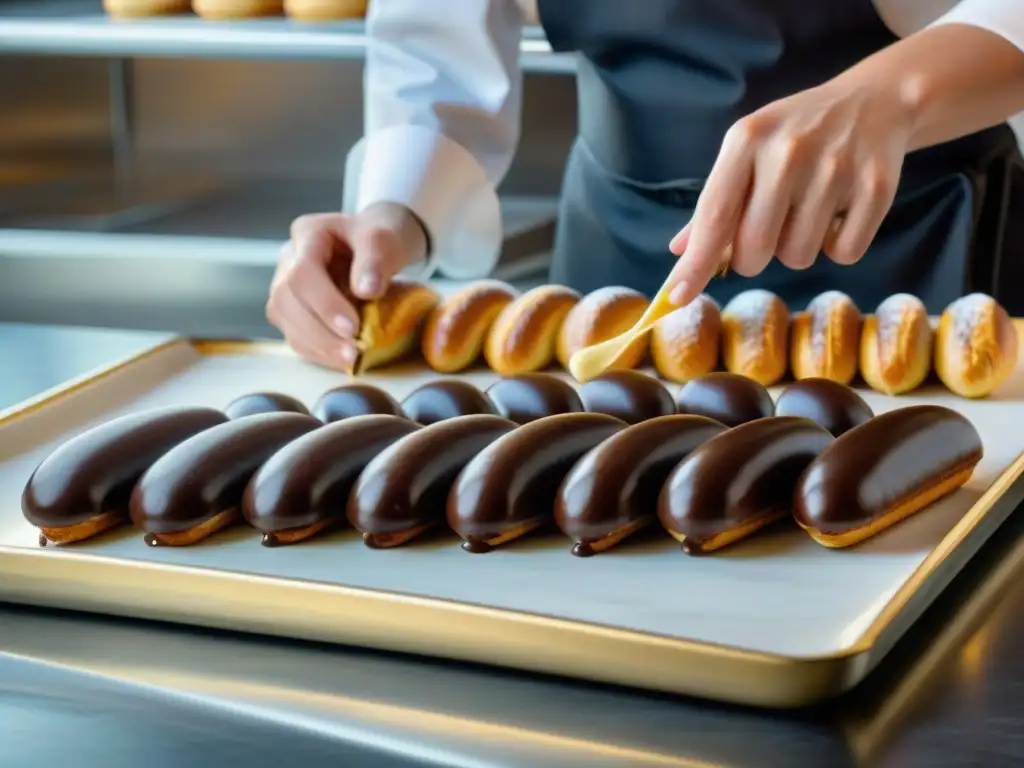 Un chef pastelero francés decorando éclairs con ganache de chocolate brillante