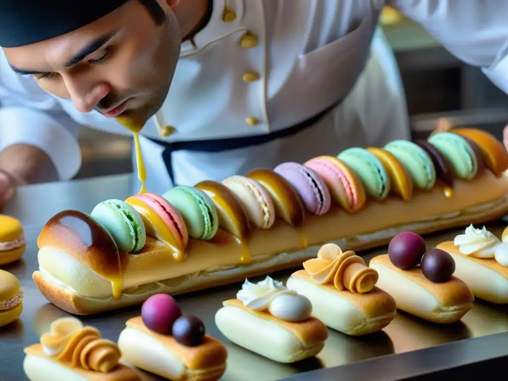 Un chef pastelero francés decorando un éclair en una pastelería parisina