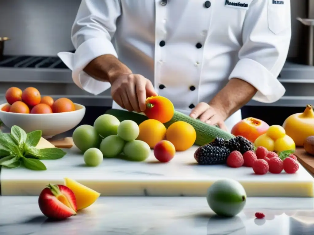 Un chef pastelero francés arregla frutas y verduras frescas en una cocina rústica con luz solar, fusionando creatividad con sofisticación