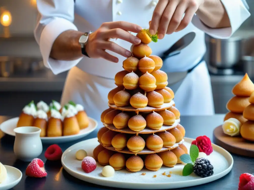 Chef pastelero francés crea un croquembouche, destacando la importancia pastelería francesa en gastronomía