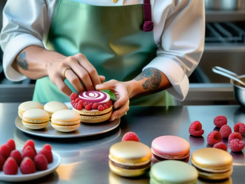 Un chef pastelero decora macarons con crema de frambuesa en una cocina francesa