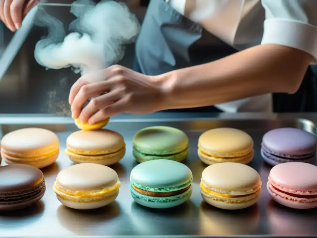 Un chef pastelero francés elaborando macarons con precisión y destreza