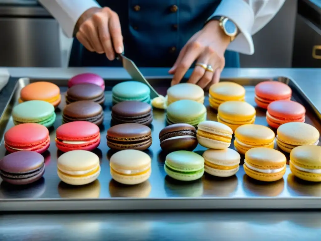 Un chef pastelero francés elabora macarons con meticulosidad en un curso online pastelería francesa completa