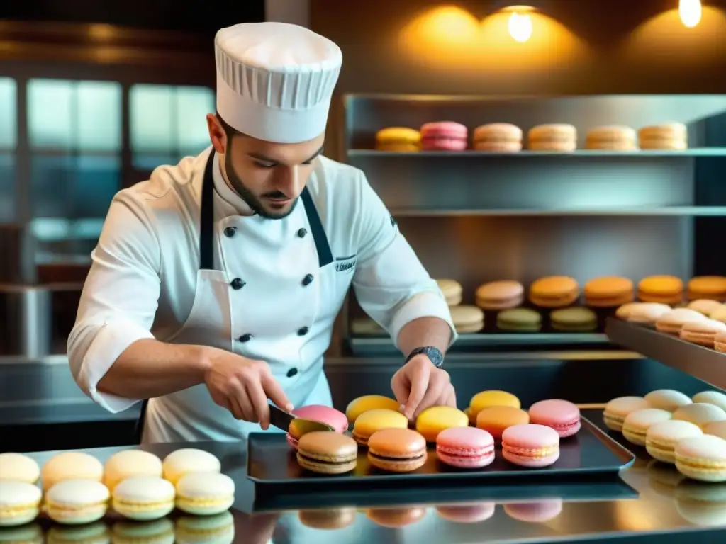 Un chef pastelero francés elaborando macarons en una panadería parisina