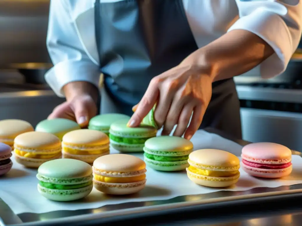 Un chef pastelero preparando macarons con técnicas profesionales, mostrando destreza y arte en la elaboración