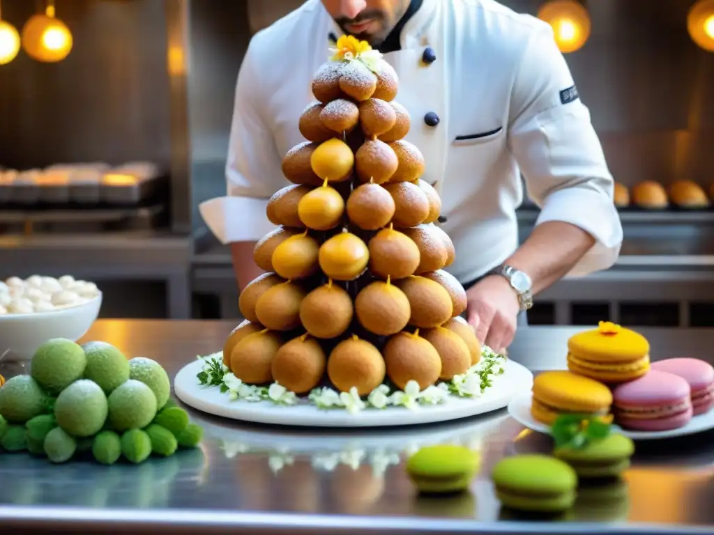 Chef pastelero francés decorando un croquembouche con precisión en pastelería parisina