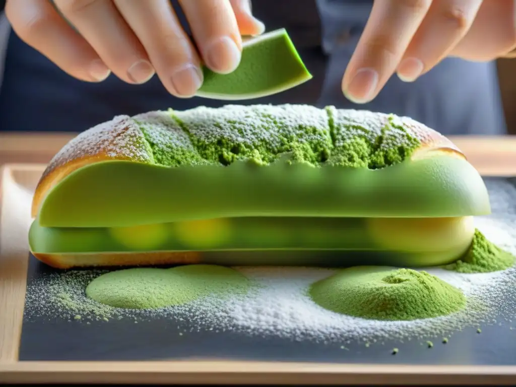 Un chef pastelero espolvoreando polvo de matcha sobre un elegante éclair, en una pastelería parisina