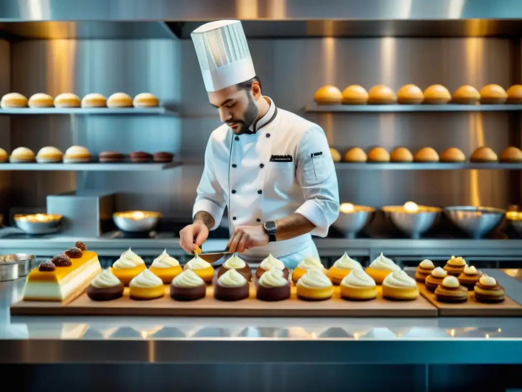 Un chef pastelero francés crea un postre icónico francés innovador en un estudio de cocina minimalista