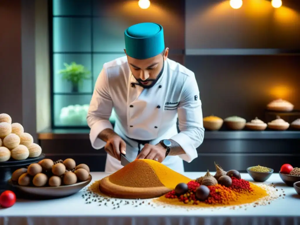 Un chef pastelero francés elaborando un postre de anís rodeado de especias exóticas, con luz natural suave