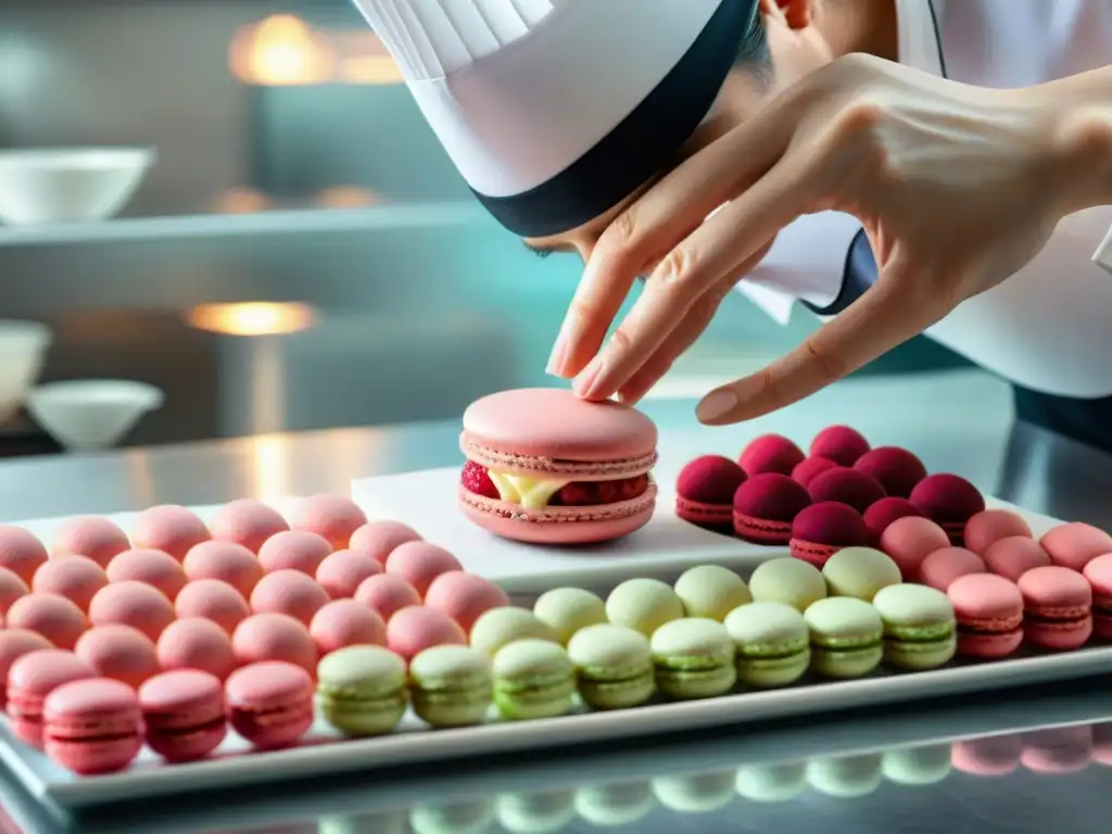 Un chef pastelero francés creando con precisión un macaron de frambuesa