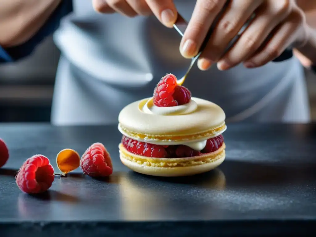 Un chef pastelero francés decora con precisión un macaron de frambuesa con crema Chantilly