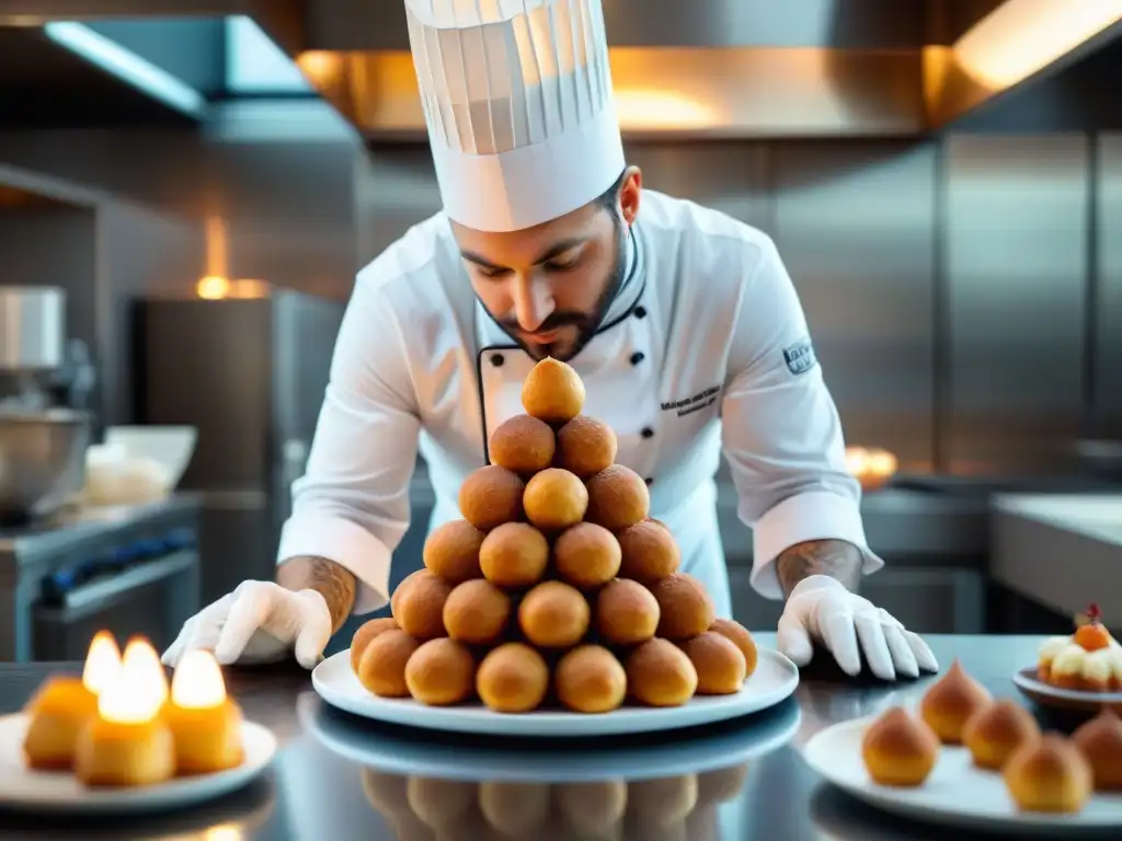 Un chef pastelero francés crea con precisión un croquembouche, destacando las innovaciones culinarias en gastronomía francesa