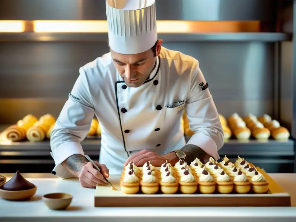 Un chef pastelero francés crea con precisión un millefeuille en una cocina elegante