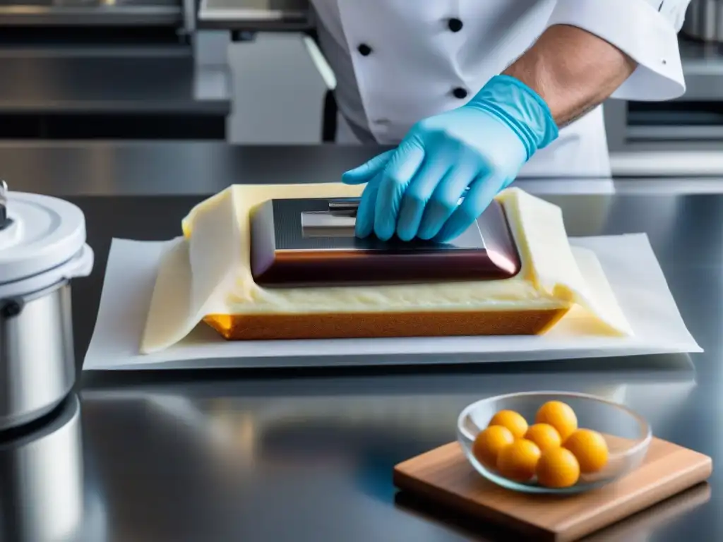 Un chef pastelero preciso sellando postres franceses al vacío con elegancia