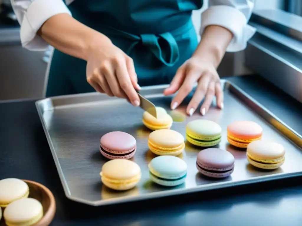 Un chef pastelero profesional preparando macarons con técnicas expertas