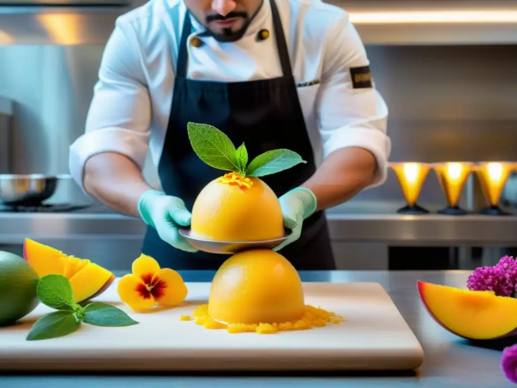 Un chef pastelero francés crea con maestría un sorbete de mango vegano, decorado con hojas de menta y pétalos comestibles