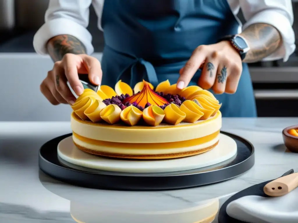 Un chef pastelero francés utilizando técnicas avanzadas de decoración en una Tarte Tatin con crema de mantequilla colorida