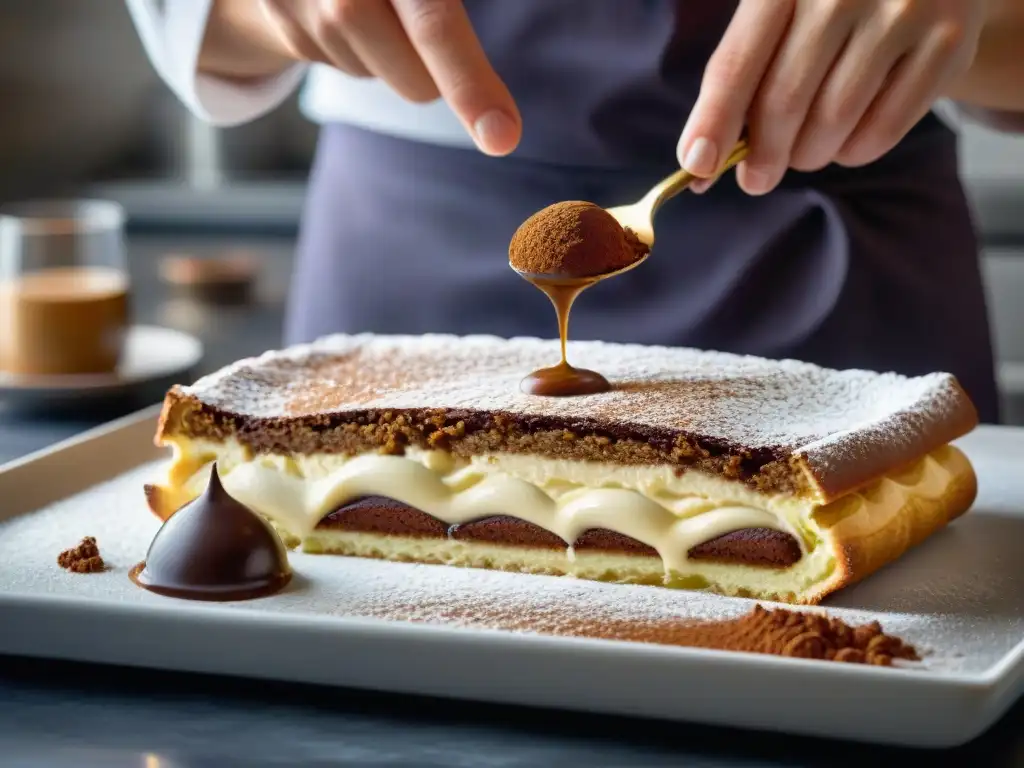 Un chef pastelero francés crea un tiramisú italiano en una cocina tradicional, fusionando influencias culinarias extranjeras