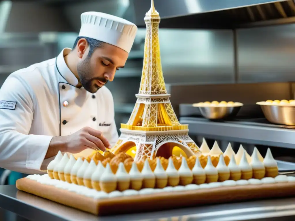 Chef pastelero francés creando una torre Eiffel de azúcar