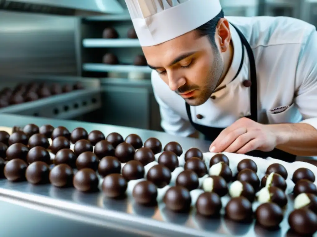 Un chef pastelero francés elaborando trufas de chocolate con técnicas avanzadas en un elegante y limpio ambiente de cocina