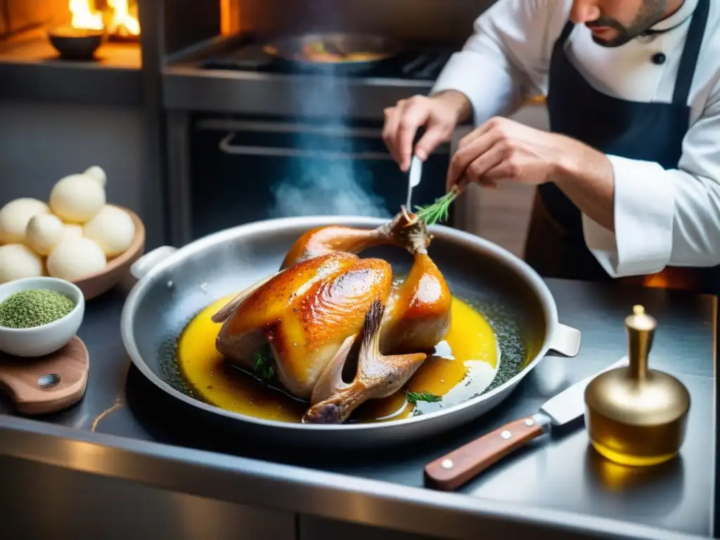 Un chef sazona patas de pato para preparar Confit de pato receta tradicional en cocina francesa rústica