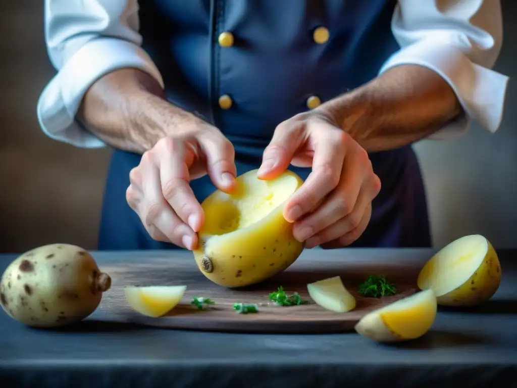 Chef pelando una patata francesa, detalle de sus manos y texturas