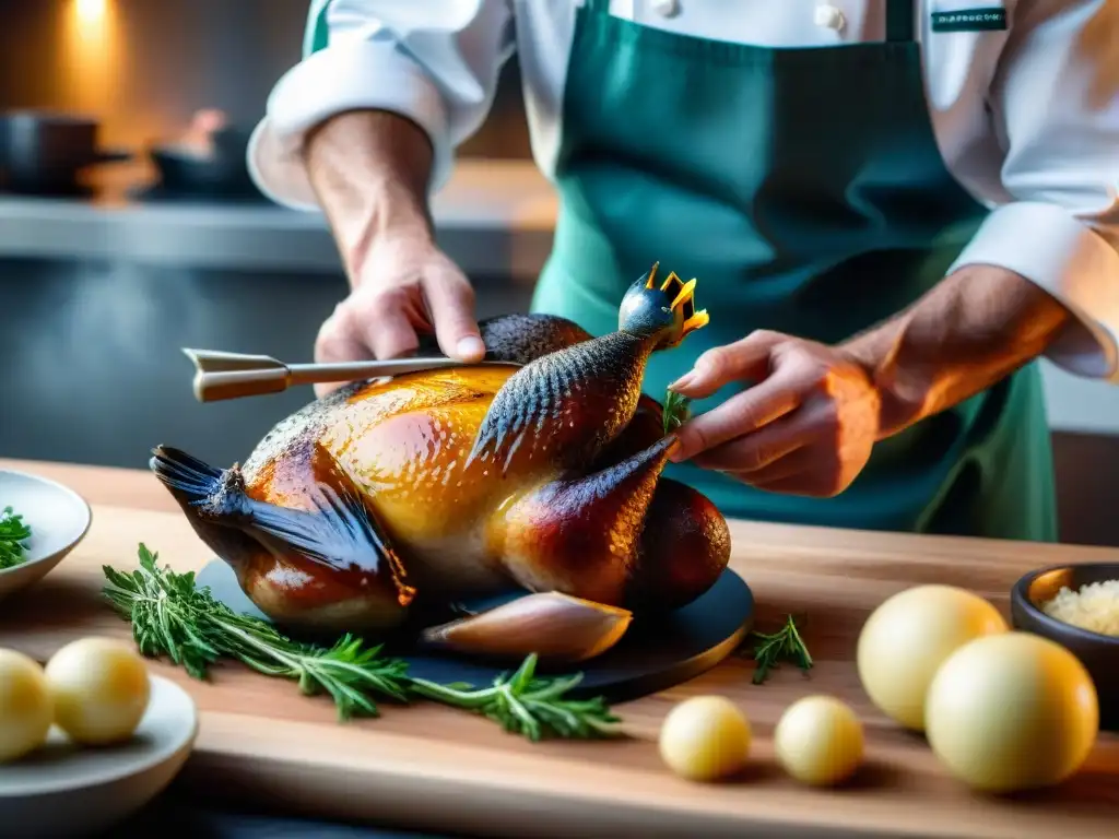 Un chef deshuesando un pato, mostrando técnicas para aprovechar ingredientes franceses