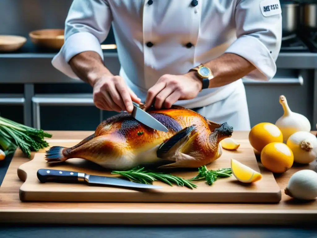 Un chef francés hábil deshuesando un pato, mostrando técnicas para aprovechar ingredientes franceses con destreza y respeto