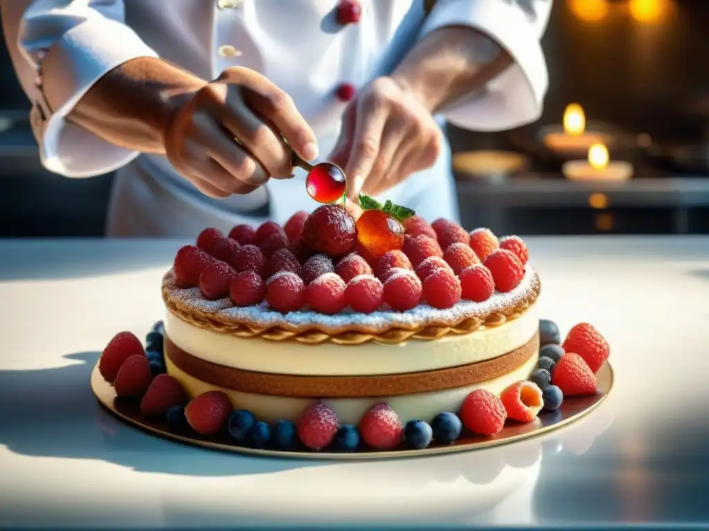 Un chef coloca pequeñas frutas rojas sobre un postre francés, reflejando la exquisitez de la gastronomía francesa